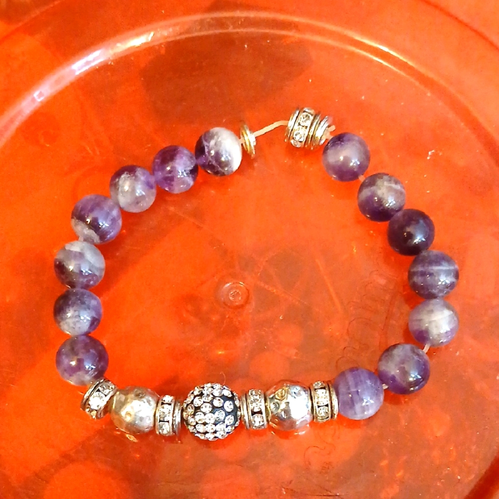 Elegant Purple Amyrhest Beaded, Rhinestone Bracelet